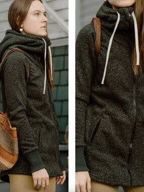 DESO Wanderer Charcoal Speckled Fleece Hooded Zip Up Jacket SIZE SMALL